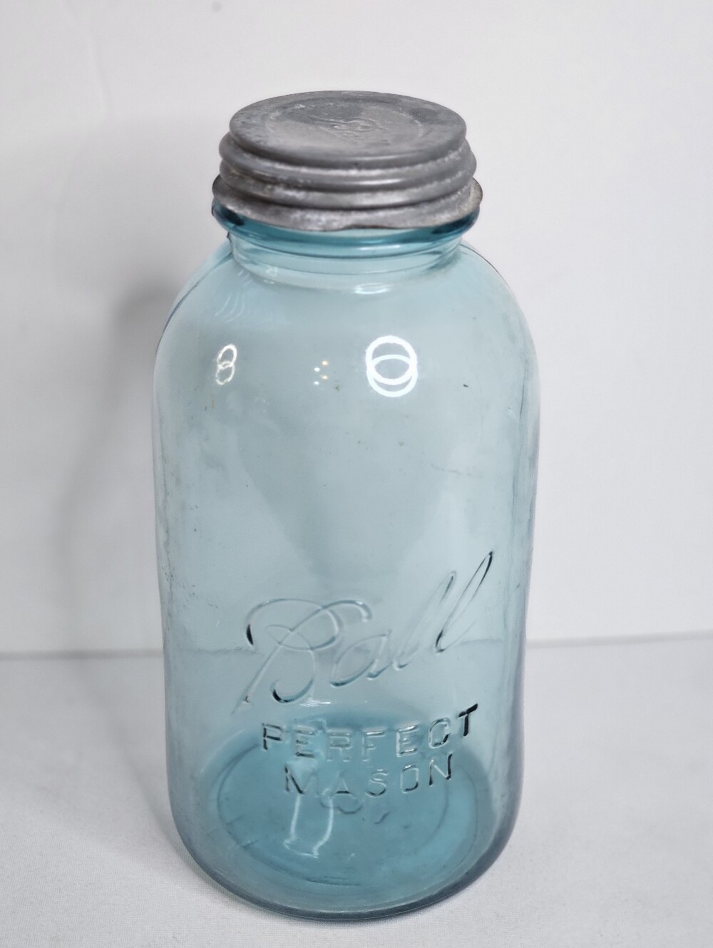 Antique Ball Perfect Mason Canning Jar & Zinc Lid Aqua Blue 1/2 Gal Size 64oz #3